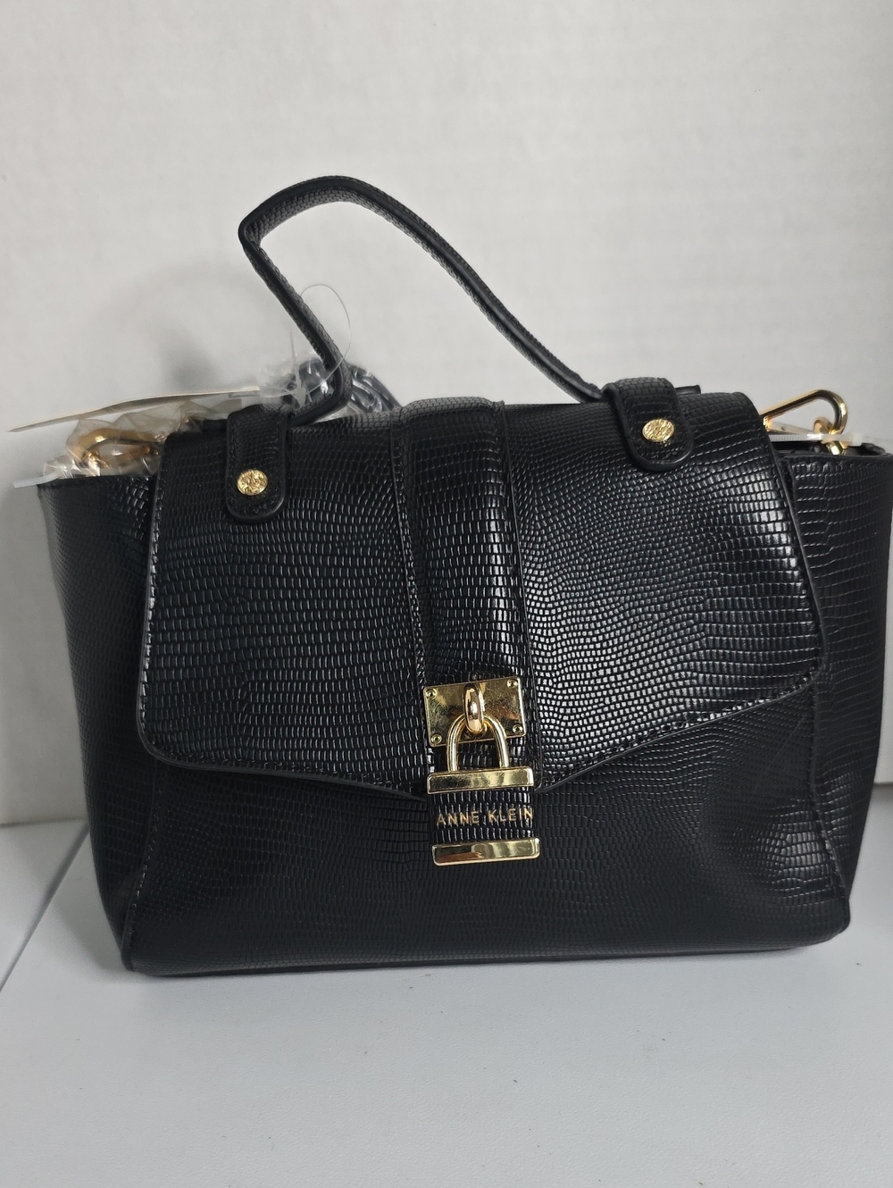 Anne Klein Black Lizard-Embossed Top-Handle Satchel with Gold Hardware